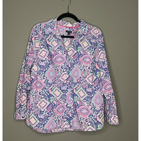 Talbot's Large Petite 100% Cotton Long Sleeve Button Up Paisley Blouse - Picture 1 of 11